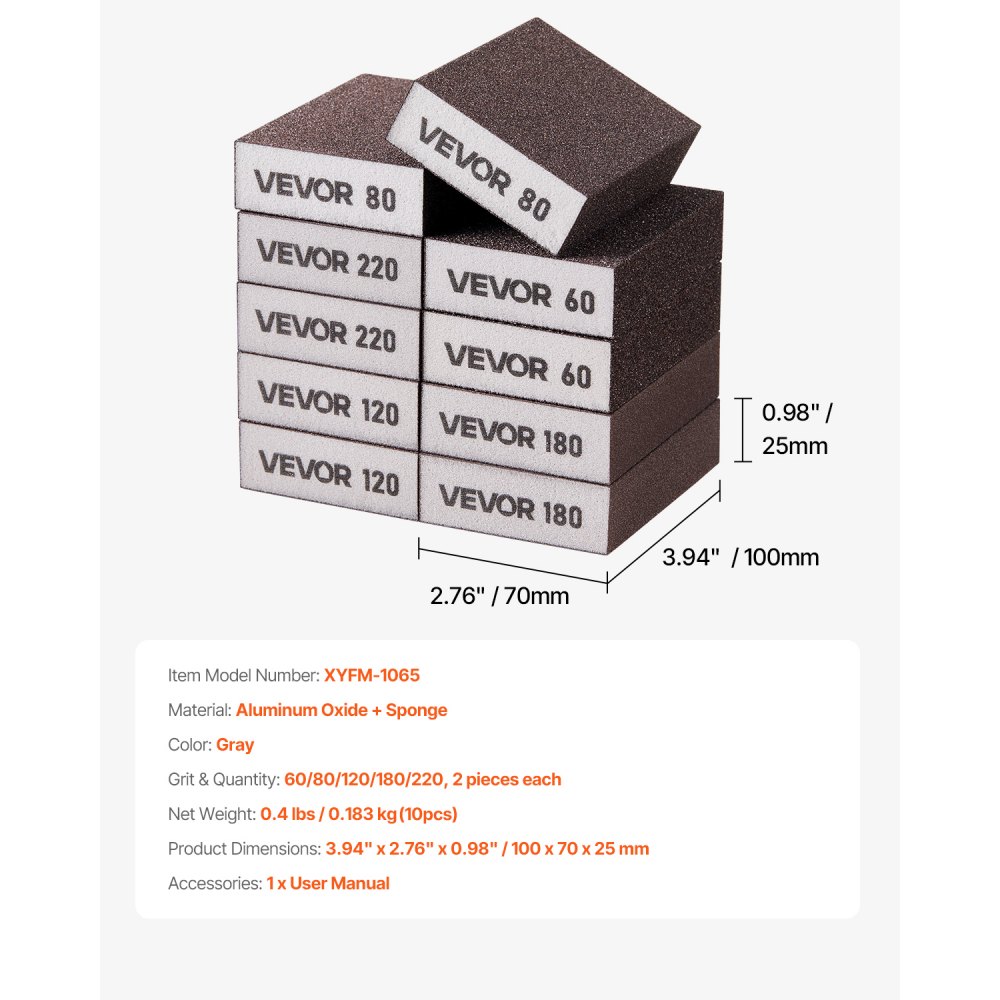 VEVOR Sanding Sponge, 10 Pcs, 60/80/120/180/220 Grit Assortment(2 Each), Washable and Reusable Sanding Blocks for Dry & Wet Use, Coarse to Fine Sandpaper Blocks, for Drywall Wood Metal Furniture