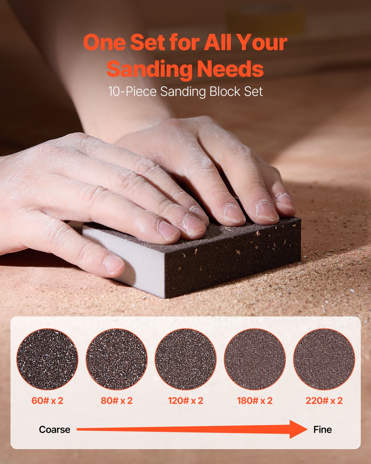 VEVOR Sanding Sponge, 10 Pcs, 60/80/120/180/220 Grit Assortment(2 Each), Washable and Reusable Sanding Blocks for Dry & Wet Use, Coarse to Fine Sandpaper Blocks, for Drywall Wood Metal Furniture