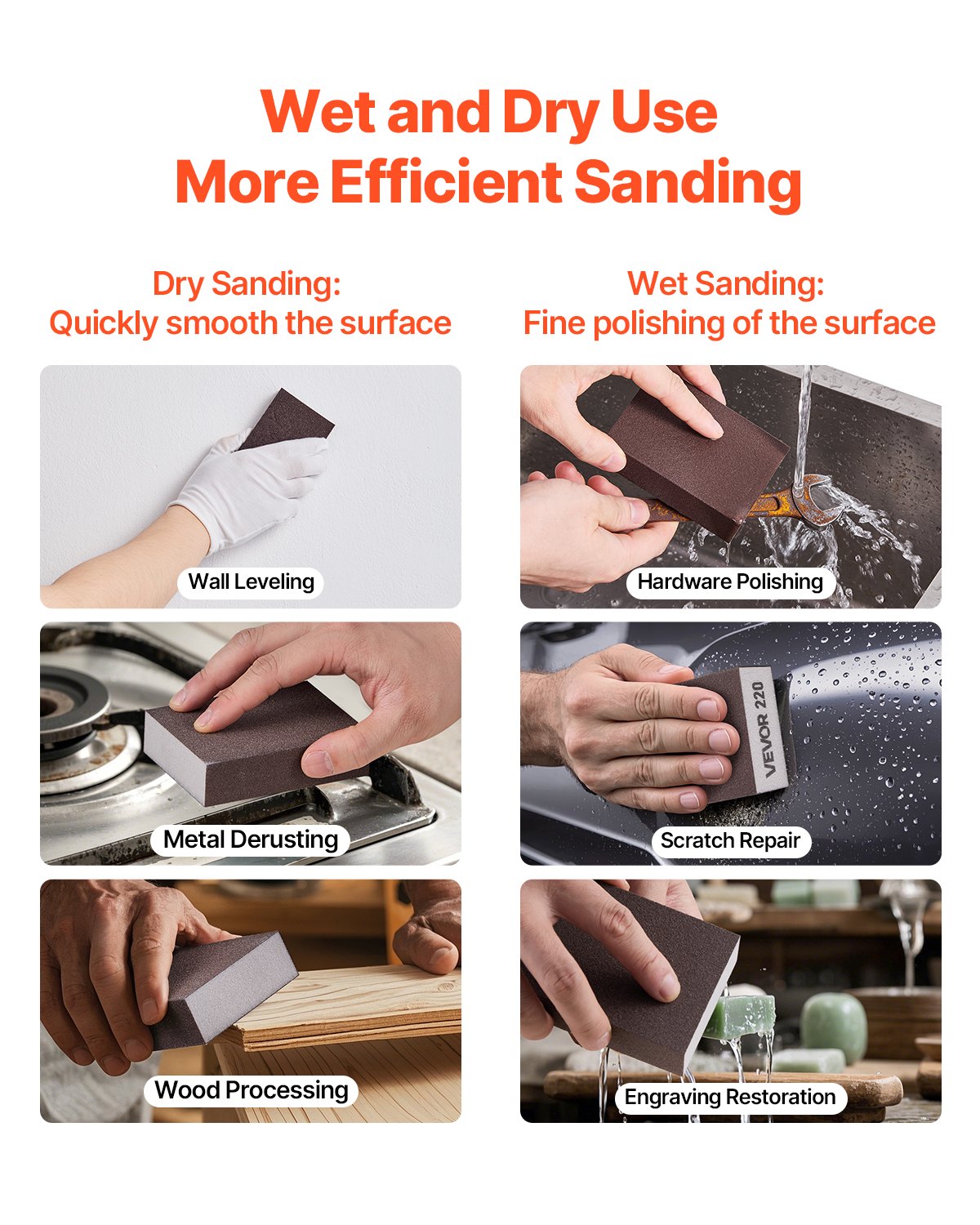 VEVOR Sanding Sponge, 10 Pcs, 60/80/120/180/220 Grit Assortment(2 Each), Washable and Reusable Sanding Blocks for Dry & Wet Use, Coarse to Fine Sandpaper Blocks, for Drywall Wood Metal Furniture