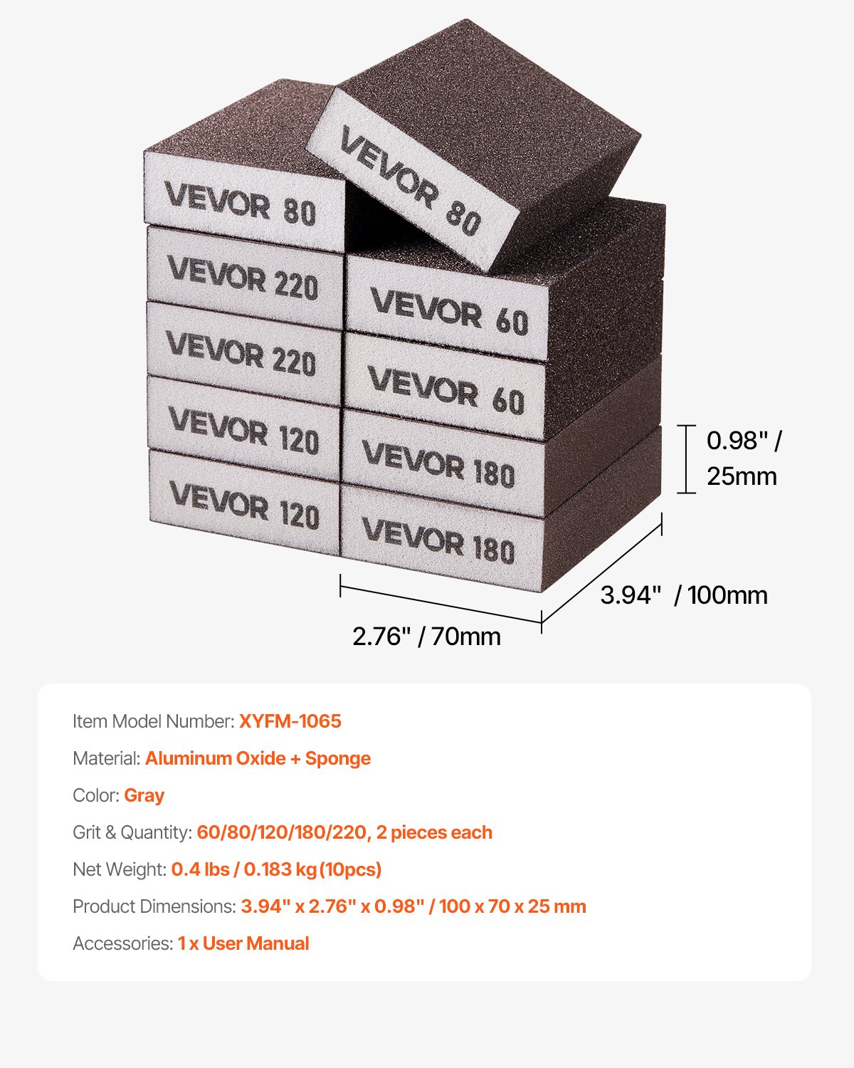 VEVOR Sanding Sponge, 10 Pcs, 60/80/120/180/220 Grit Assortment(2 Each), Washable and Reusable Sanding Blocks for Dry & Wet Use, Coarse to Fine Sandpaper Blocks, for Drywall Wood Metal Furniture