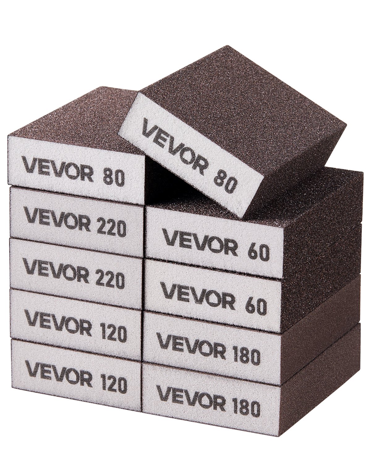 VEVOR Sanding Sponge, 10 Pcs, 60/80/120/180/220 Grit Assortment(2 Each), Washable and Reusable Sanding Blocks for Dry & Wet Use, Coarse to Fine Sandpaper Blocks, for Drywall Wood Metal Furniture