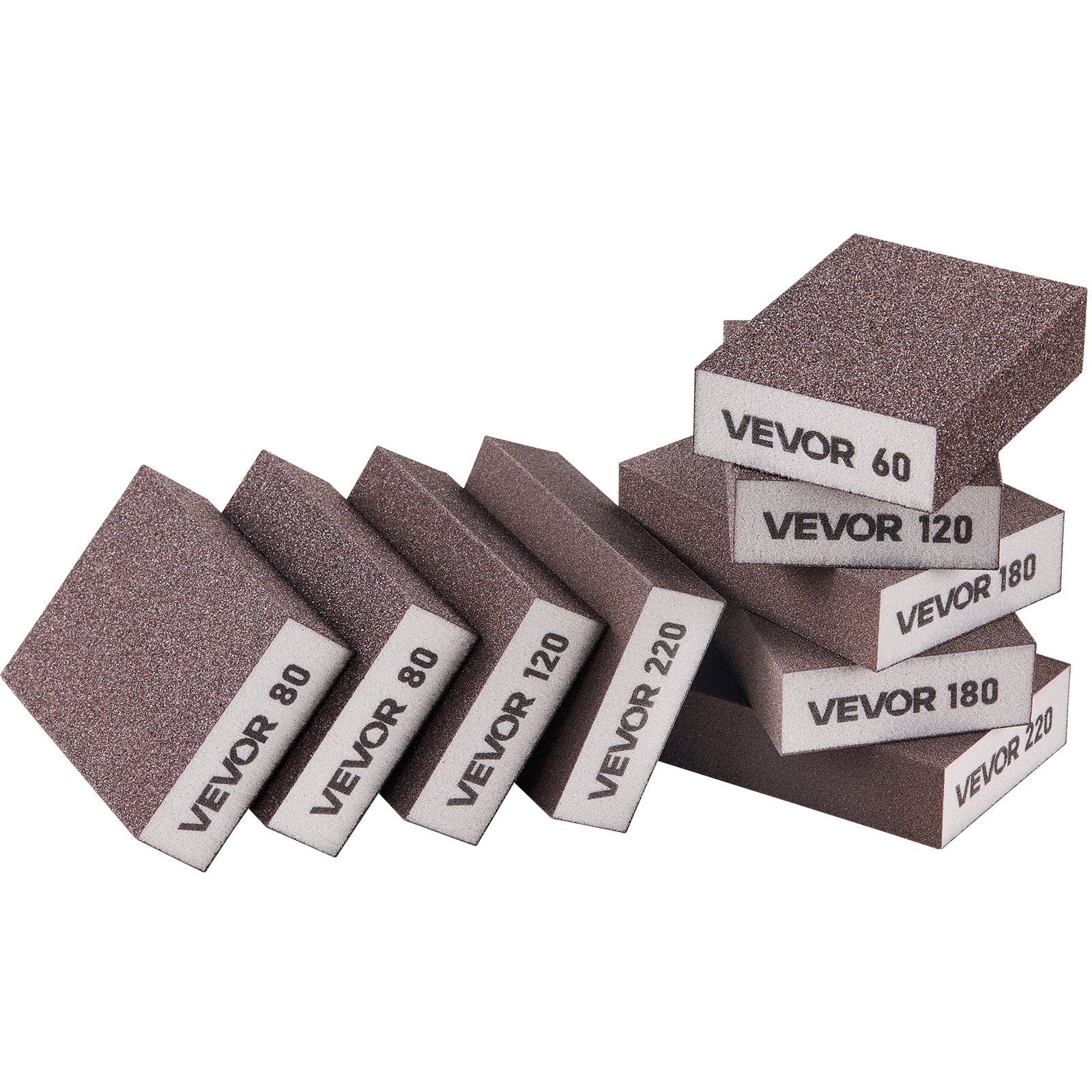 VEVOR Sanding Sponge, 10 Pcs, 60/80/120/180/220 Grit Assortment(2 Each), Washable and Reusable Sanding Blocks for Dry & Wet Use, Coarse to Fine Sandpaper Blocks, for Drywall Wood Metal Furniture