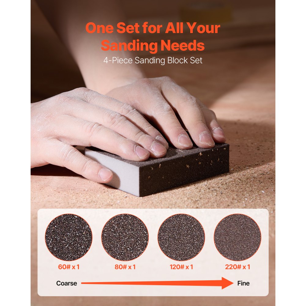 VEVOR Sanding Sponge, 4 Pcs, 60/80/120/220 Grit Assortment, Washable and Reusable Sanding Blocks for Dry & Wet Use, Coarse to Fine Sandpaper Blocks, for Polishing Drywall Wood Plastic Metal Furniture