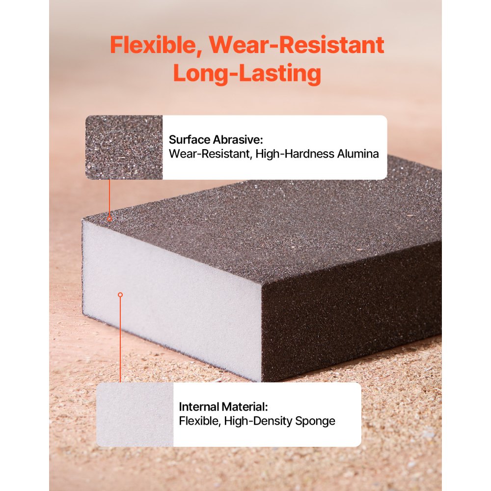 VEVOR Sanding Sponge, 4 Pcs, 60/80/120/220 Grit Assortment, Washable and Reusable Sanding Blocks for Dry & Wet Use, Coarse to Fine Sandpaper Blocks, for Polishing Drywall Wood Plastic Metal Furniture