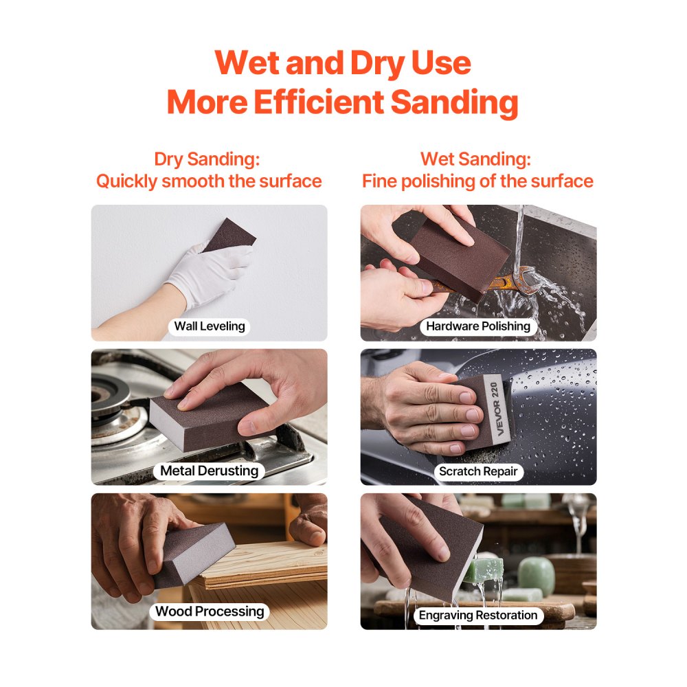 VEVOR Sanding Sponge, 4 Pcs, 60/80/120/220 Grit Assortment, Washable and Reusable Sanding Blocks for Dry & Wet Use, Coarse to Fine Sandpaper Blocks, for Polishing Drywall Wood Plastic Metal Furniture