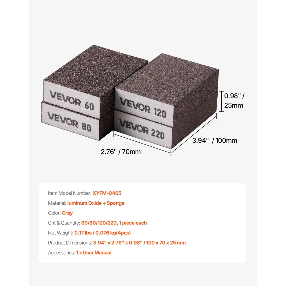 VEVOR Sanding Sponge, 4 Pcs, 60/80/120/220 Grit Assortment, Washable and Reusable Sanding Blocks for Dry & Wet Use, Coarse to Fine Sandpaper Blocks, for Polishing Drywall Wood Plastic Metal Furniture