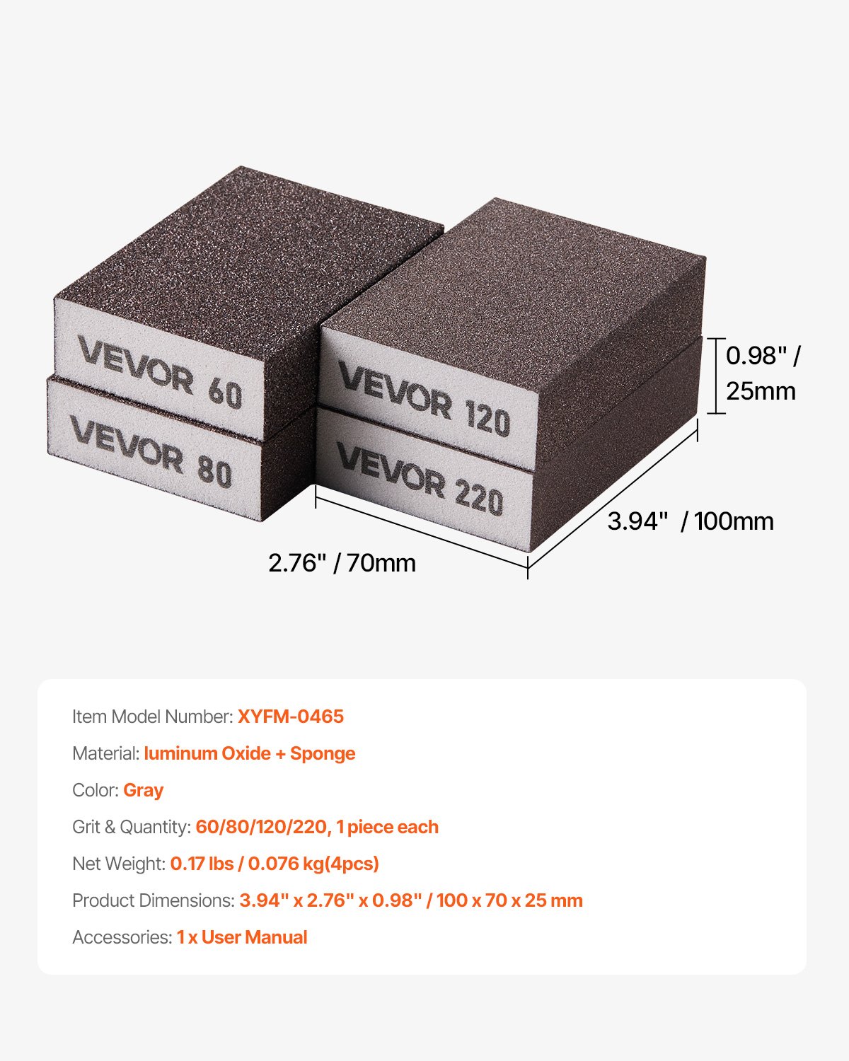 VEVOR Sanding Sponge, 4 Pcs, 60/80/120/220 Grit Assortment, Washable and Reusable Sanding Blocks for Dry & Wet Use, Coarse to Fine Sandpaper Blocks, for Polishing Drywall Wood Plastic Metal Furniture