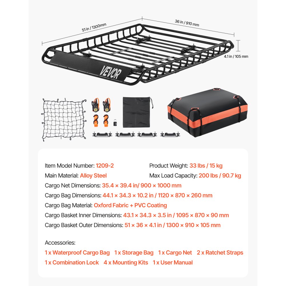VEVOR Roof Rack Basket, 1300 x 910 x 105 mm, Universal Rooftop Cargo Carrier with 44.1 x 34.3 x 10.2 in Cargo Bag, Net, Ratchet Straps, 90.7 kg Max Load Capacity Car Top Luggage Holder, for SUV Car
