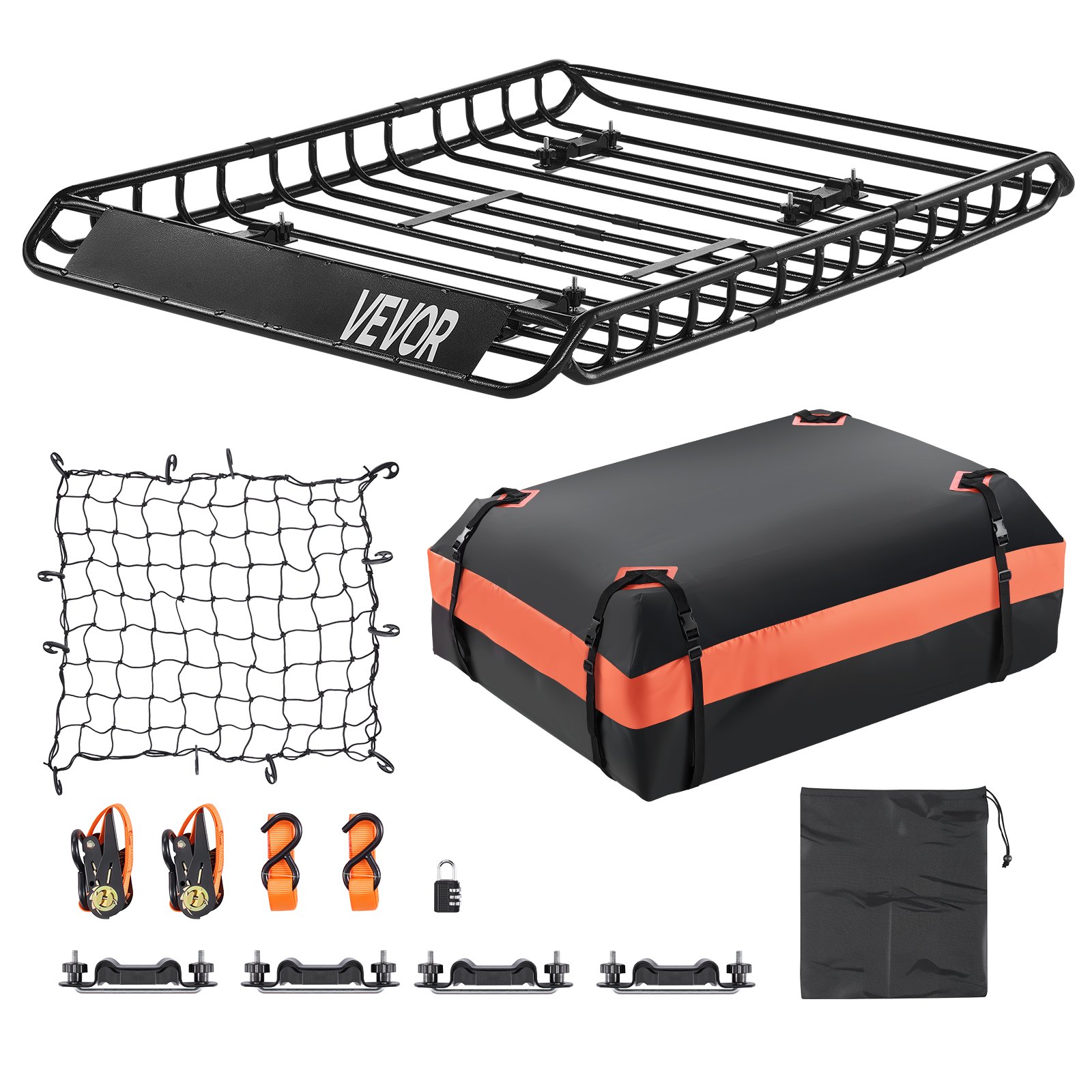 VEVOR Roof Rack Basket, 1300 x 910 x 105 mm, Universal Rooftop Cargo Carrier with 44.1 x 34.3 x 10.2 in Cargo Bag, Net, Ratchet Straps, 90.7 kg Max Load Capacity Car Top Luggage Holder, for SUV Car