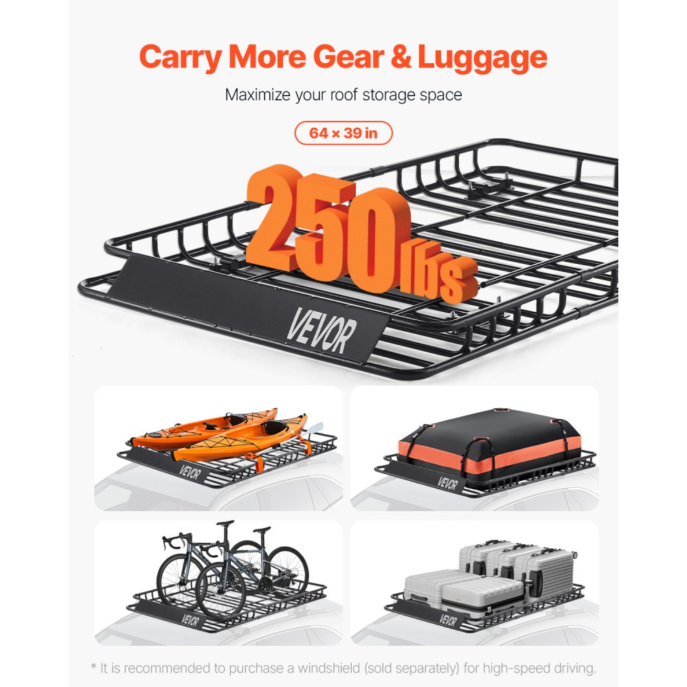 VEVOR Roof Rack Basket, 1625 x 990 x 105 mm, Universal Rooftop Cargo Carrier with 1120 x 870 x 260 mm Cargo Bag, Net, Ratchet Straps, 113.4 kg Max Load Capacity Car Top Luggage Holder, for SUV Car