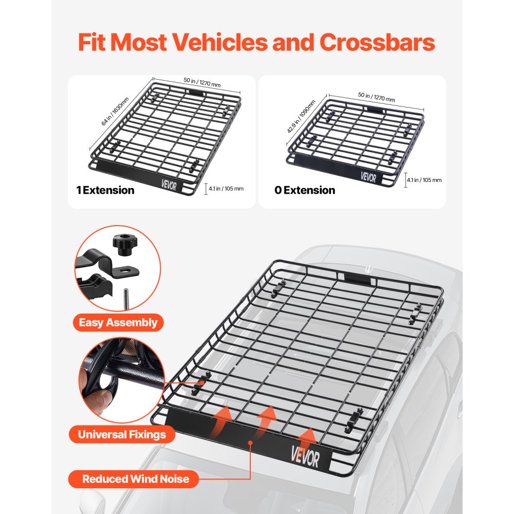 VEVOR Roof Rack Basket, 1630 x 1270 x 105 mm, Universal Rooftop Cargo Carrier with Two 900 x 1000 mm Cargo Net, 68 kg Max Car Top Luggage Holder, 4.1 in Fence, Anti-Rust Alloy Steel, for SUV Truck Car