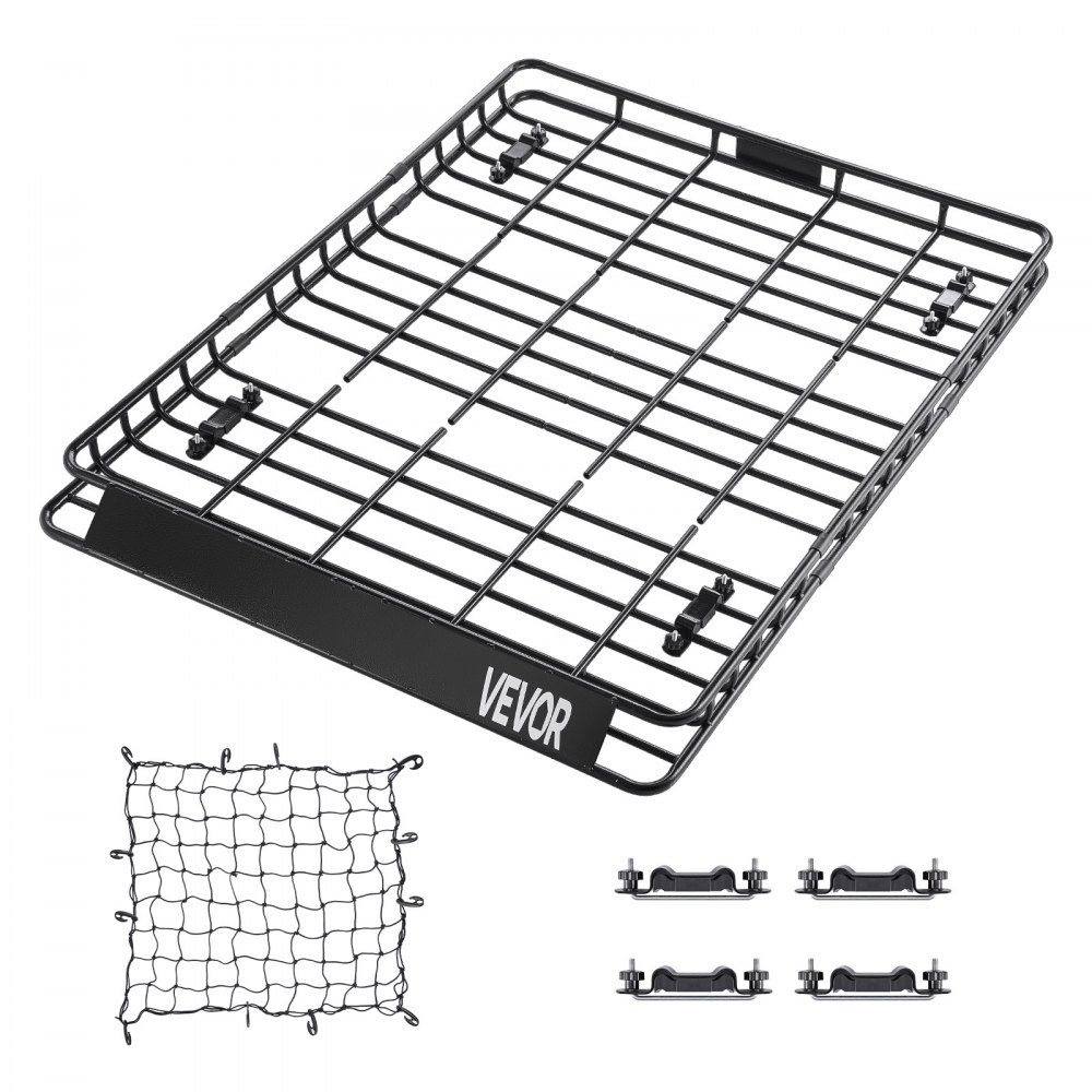 VEVOR Roof Rack Basket, 1630 x 1270 x 105 mm, Universal Rooftop Cargo Carrier with Two 900 x 1000 mm Cargo Net, 68 kg Max Car Top Luggage Holder, 4.1 in Fence, Anti-Rust Alloy Steel, for SUV Truck Car