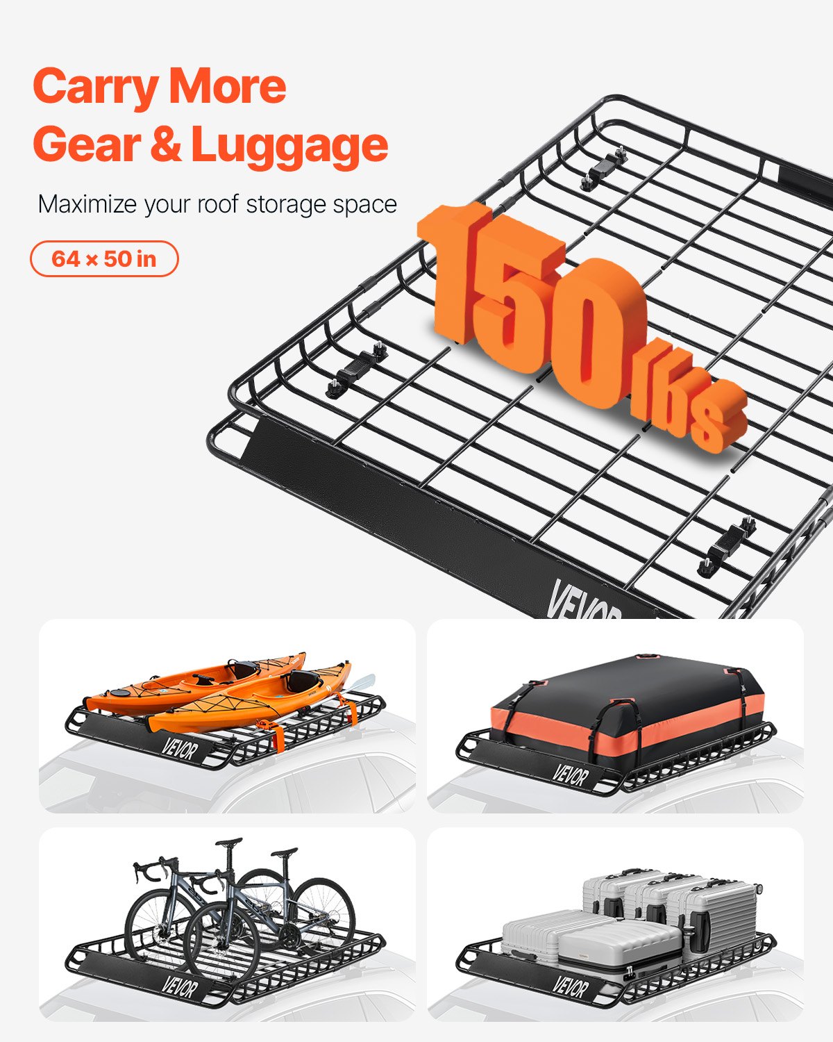 VEVOR Roof Rack Basket, 1630 x 1270 x 105 mm, Universal Rooftop Cargo Carrier with Two 900 x 1000 mm Cargo Net, 68 kg Max Car Top Luggage Holder, 4.1 in Fence, Anti-Rust Alloy Steel, for SUV Truck Car