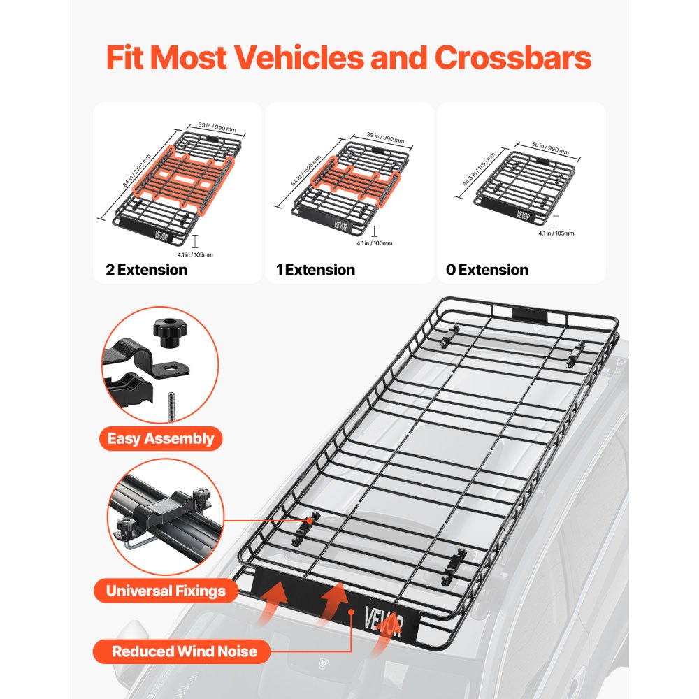 VEVOR Roof Rack Basket, 84 x 39 x 4.1 in, Universal Rooftop Cargo Carrier with 7.9 x 3.9 x 10.2 in Cargo Bag, Net, Ratchet Straps, 250 lbs Max Load Capacity Car Top Luggage Holder, for SUV Truck Car