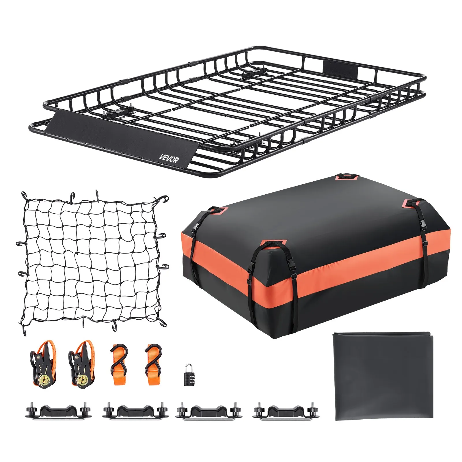 VEVOR Roof Rack Basket, 1625 x 990 x 105 mm, Universal Rooftop Cargo Carrier with 1120 x 870 x 260 mm Cargo Bag, Net, Ratchet Straps, 113.4 kg Max Load Capacity Car Top Luggage Holder, for SUV Car