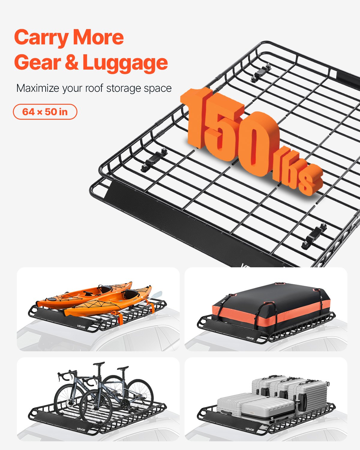 VEVOR Roof Rack Basket, 1630 x 1270 x 105 mm, Universal Rooftop Cargo Carrier with Two 900 x 1000 mm Cargo Net, 68 kg Max Car Top Luggage Holder, 4.1 in Fence, Anti-Rust Alloy Steel, for SUV Truck Car