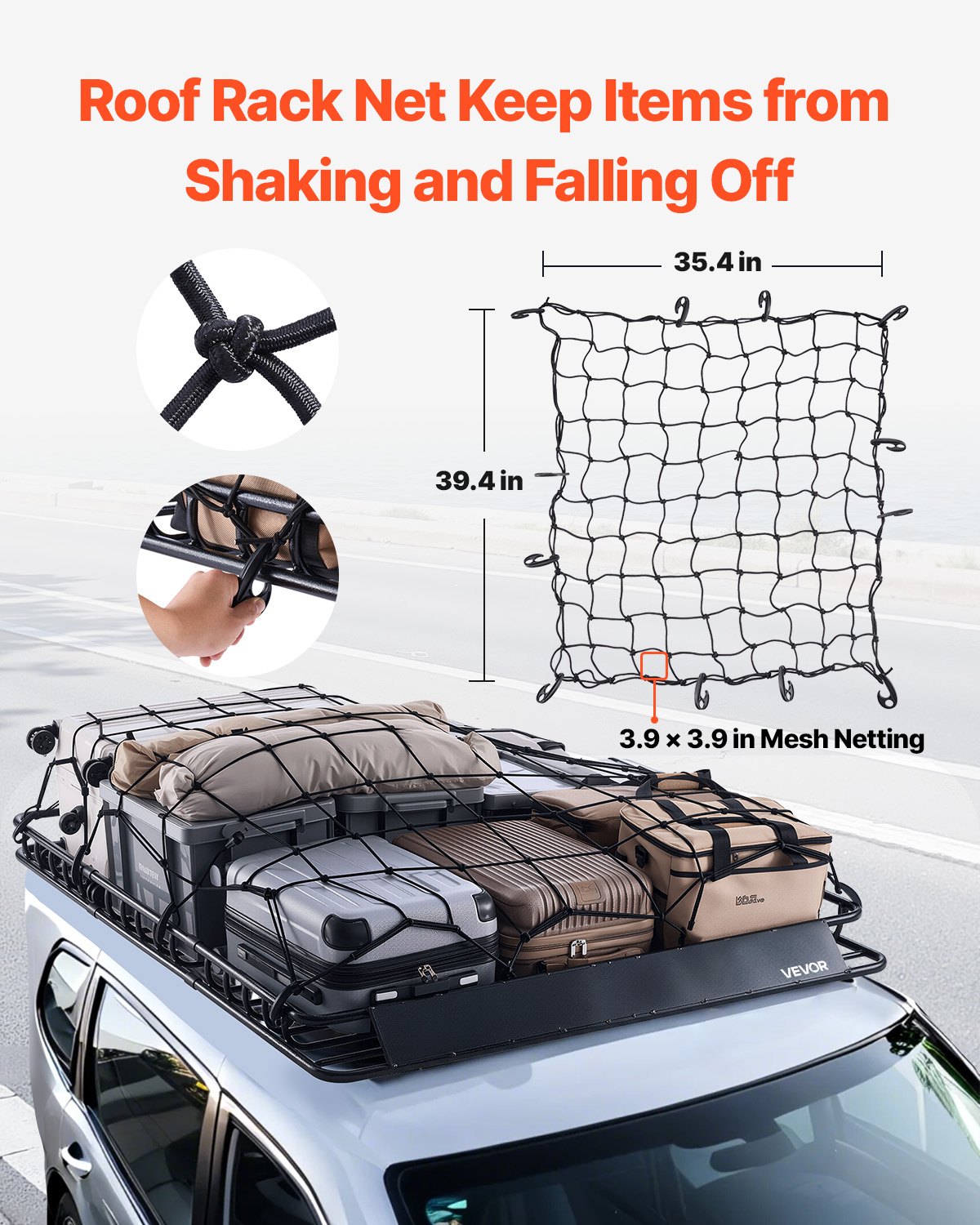 VEVOR Roof Rack Basket, 1630 x 1270 x 105 mm, Universal Rooftop Cargo Carrier with Two 900 x 1000 mm Cargo Net, 68 kg Max Car Top Luggage Holder, 4.1 in Fence, Anti-Rust Alloy Steel, for SUV Truck Car