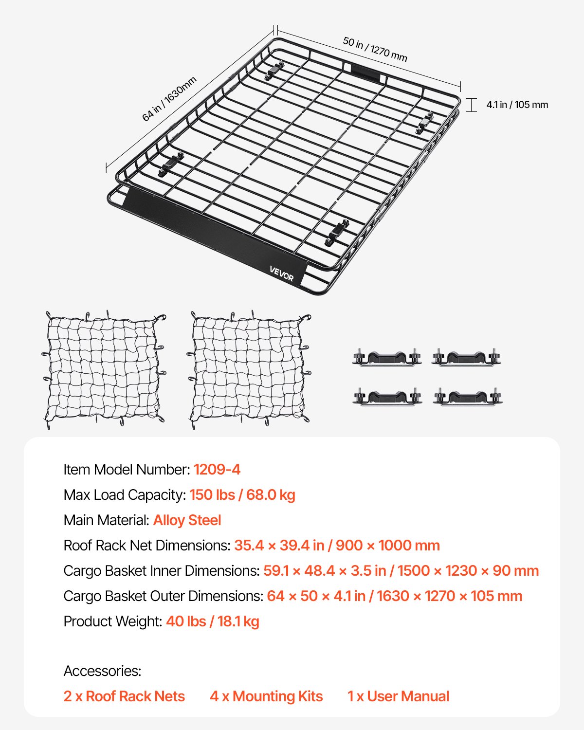 VEVOR Roof Rack Basket, 1630 x 1270 x 105 mm, Universal Rooftop Cargo Carrier with Two 900 x 1000 mm Cargo Net, 68 kg Max Car Top Luggage Holder, 4.1 in Fence, Anti-Rust Alloy Steel, for SUV Truck Car