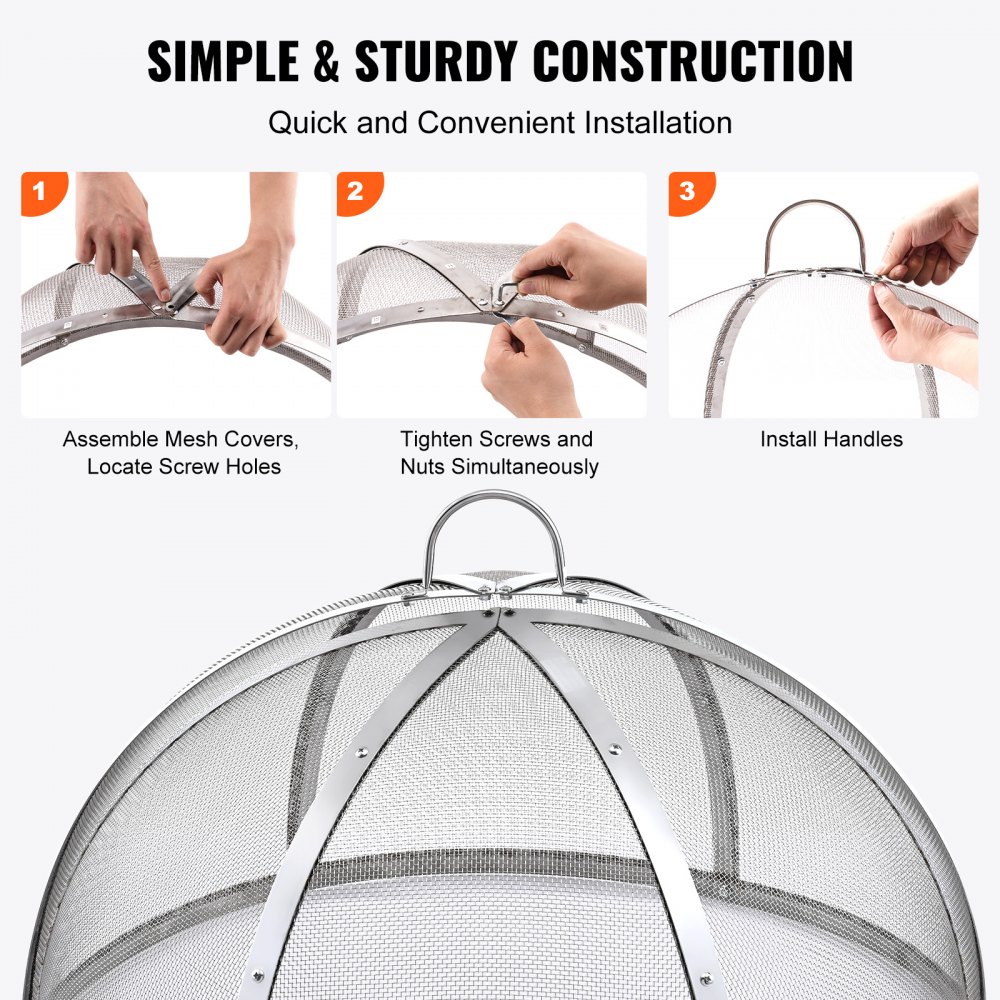 VEVOR firepit spark screen assembly steps: mesh covers, screws, and handle installation. simple &amp; sturdy.