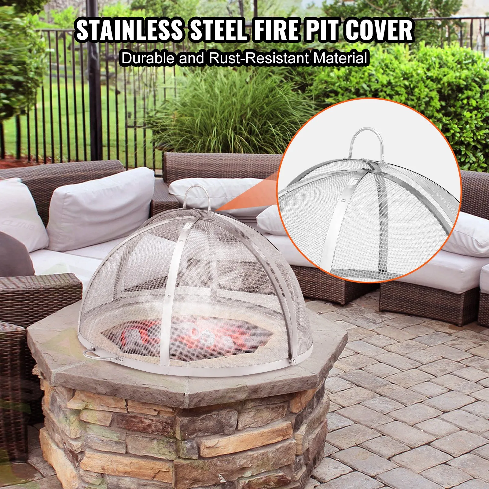 stainless steel VEVOR firepit spark screen covering a stone fire pit on a brick patio with outdoor seating.