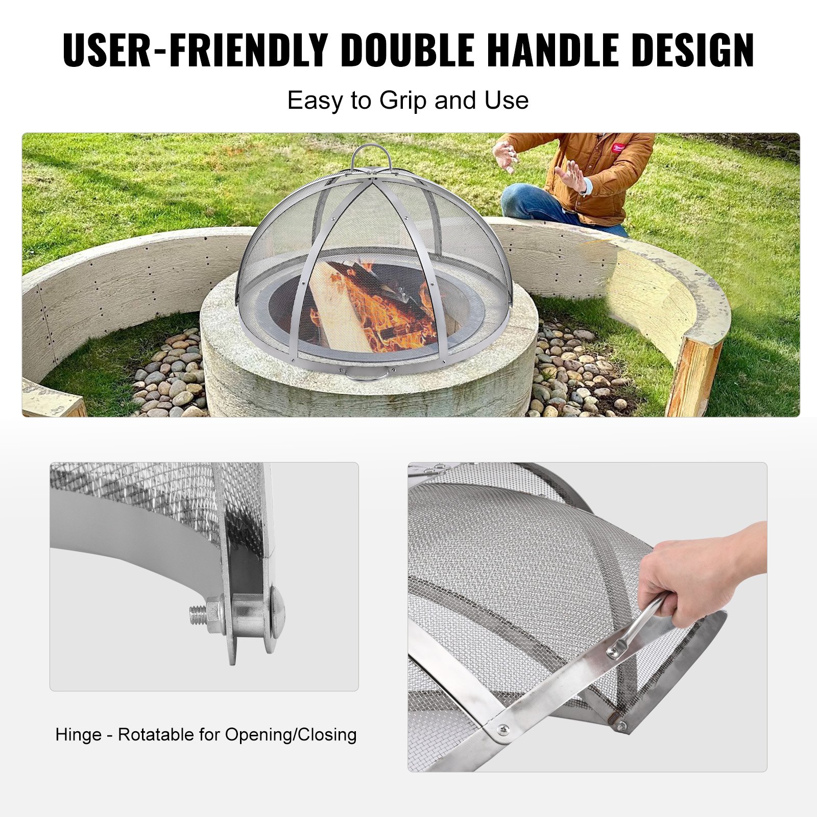 VEVOR firepit spark screen with double handle design; easy to grip and use, rotatable hinge.