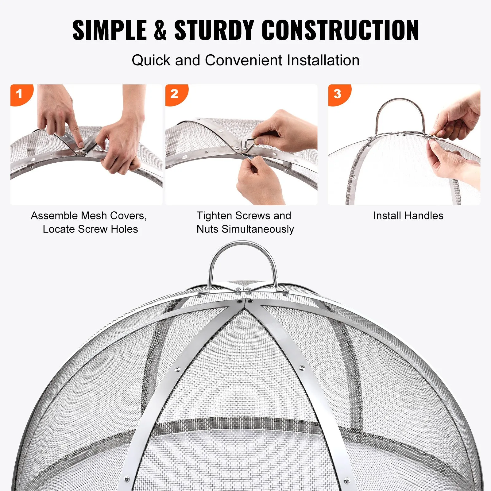VEVOR firepit spark screen assembly steps: mesh covers, screws, and handle installation. simple &amp; sturdy.