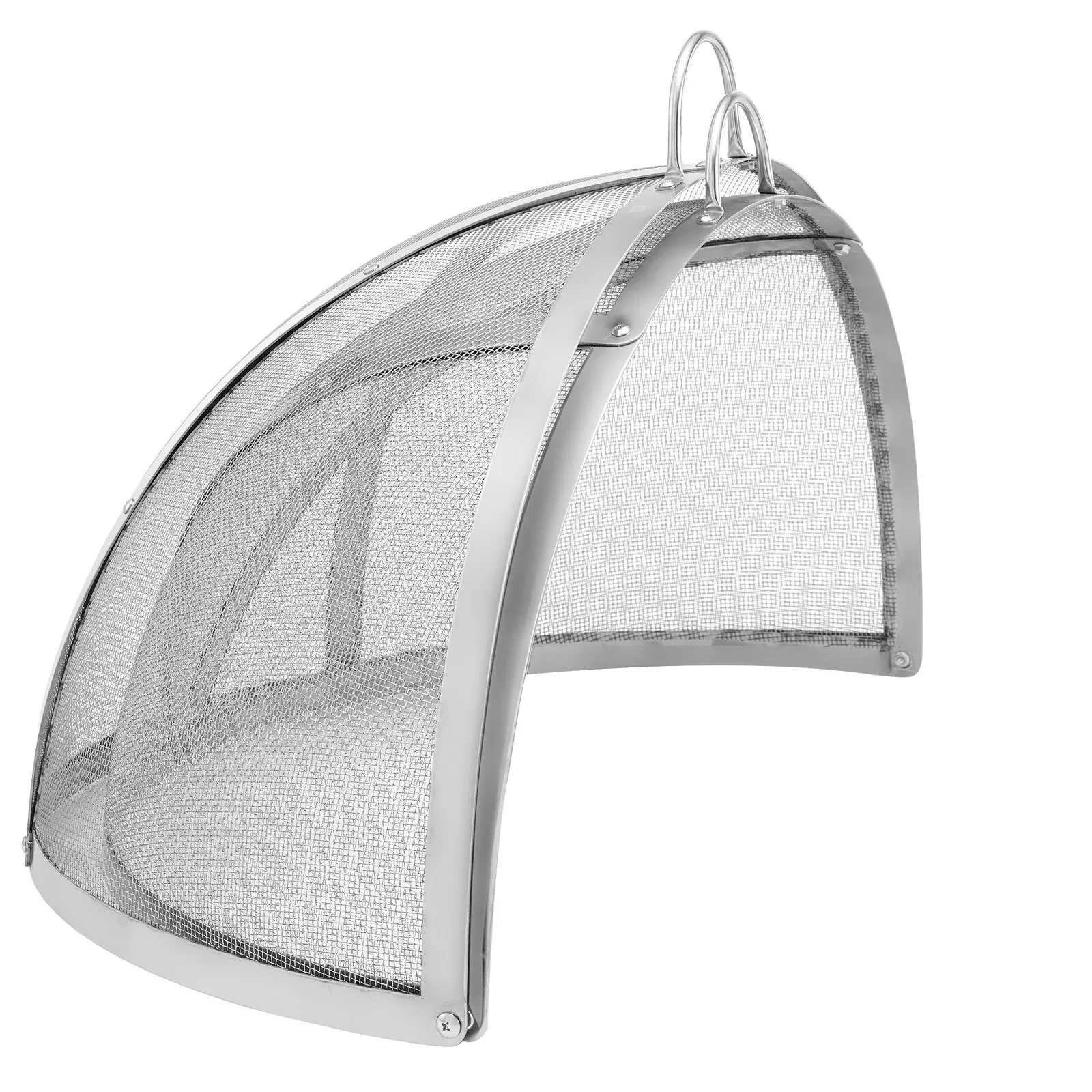 steel mesh VEVOR firepit spark screen with dual handles, curved design, and sturdy frame.