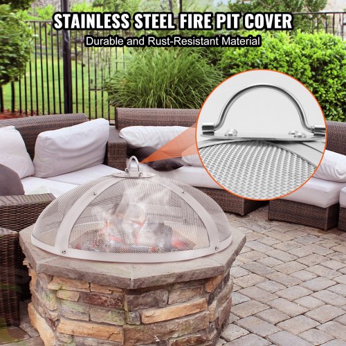 VEVOR Fire Pit Spark Screen Round 27", Reinforced Heavy Duty Steel Metal Cover, Outdoor Firepit Lid, Easy-Opening Top Screen Covers Round with Ring Handle for Outdoor Patio Fire Pits Backyard