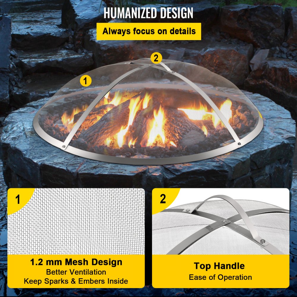 VEVOR Fire Pit Spark Screen, 27 pulgadas de diámetro Spark Screen Cover, Firepit Mesh Screen de acero inoxidable Firepit, Round Spark Screen con mango, Mesh Design Spark Guard Perfecto para patio Fire Pit