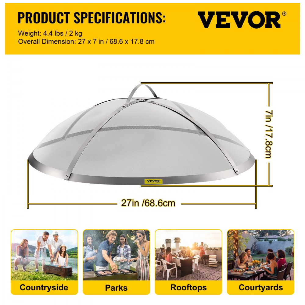 VEVOR Fire Pit Spark Screen, 27 pulgadas de diámetro Spark Screen Cover, Firepit Mesh Screen de acero inoxidable Firepit, Round Spark Screen con mango, Mesh Design Spark Guard Perfecto para patio Fire Pit