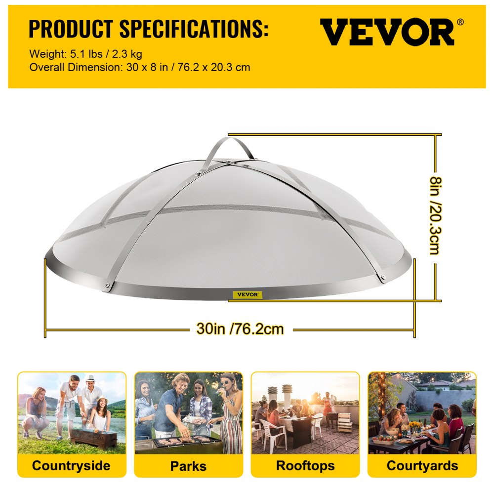 VEVOR Fire Pit Spark Screen, 30-inch Diameter Spark Screen Cover, Stainless Steel Firepit Mesh Screen, Round Spark Screen with Handle, Mesh Design Spark Guard Perfect for Patio Fire Pit