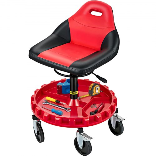VEVOR Rolling Garage Stool, 300LBS Capacity, 18"-23" Adjustable Height Range, Mechanic Seat with Swivel Casters and Tool Tray, for Workshop, Auto Repair Shop, Red