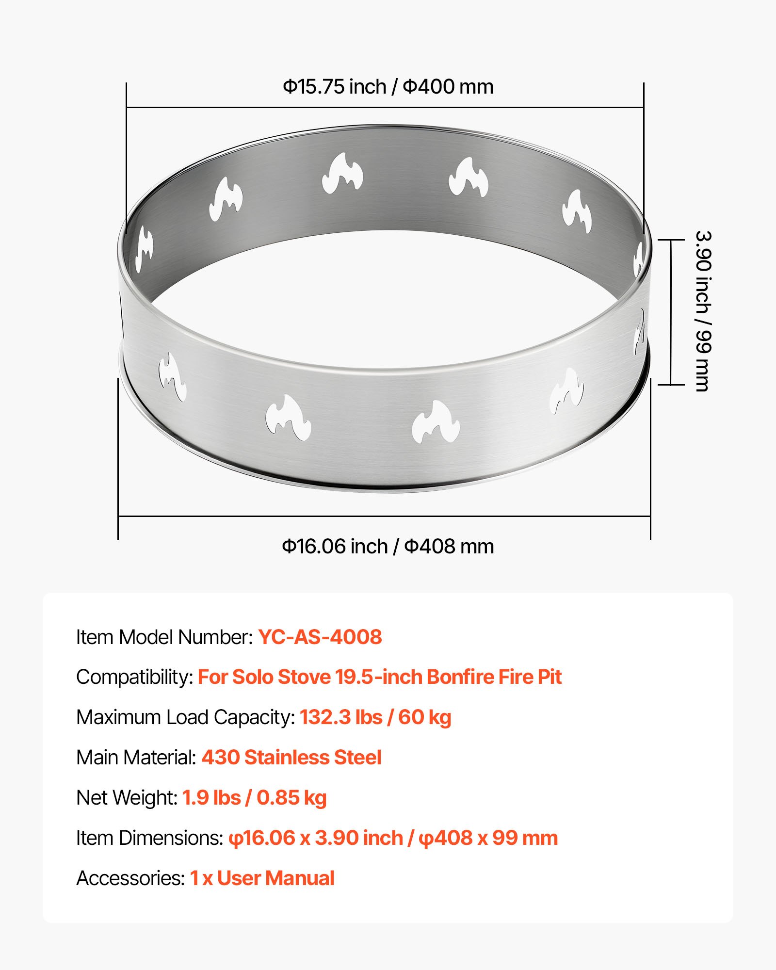 VEVOR Fire Pit Stand for Solo Stove Bonfire, 49.5 cm Smokeless Fire Pit Ring, Stainless Steel Fireplace Stove Support Frame Accessory, Portable Outdoor Camping Holder Tools for Fireplace