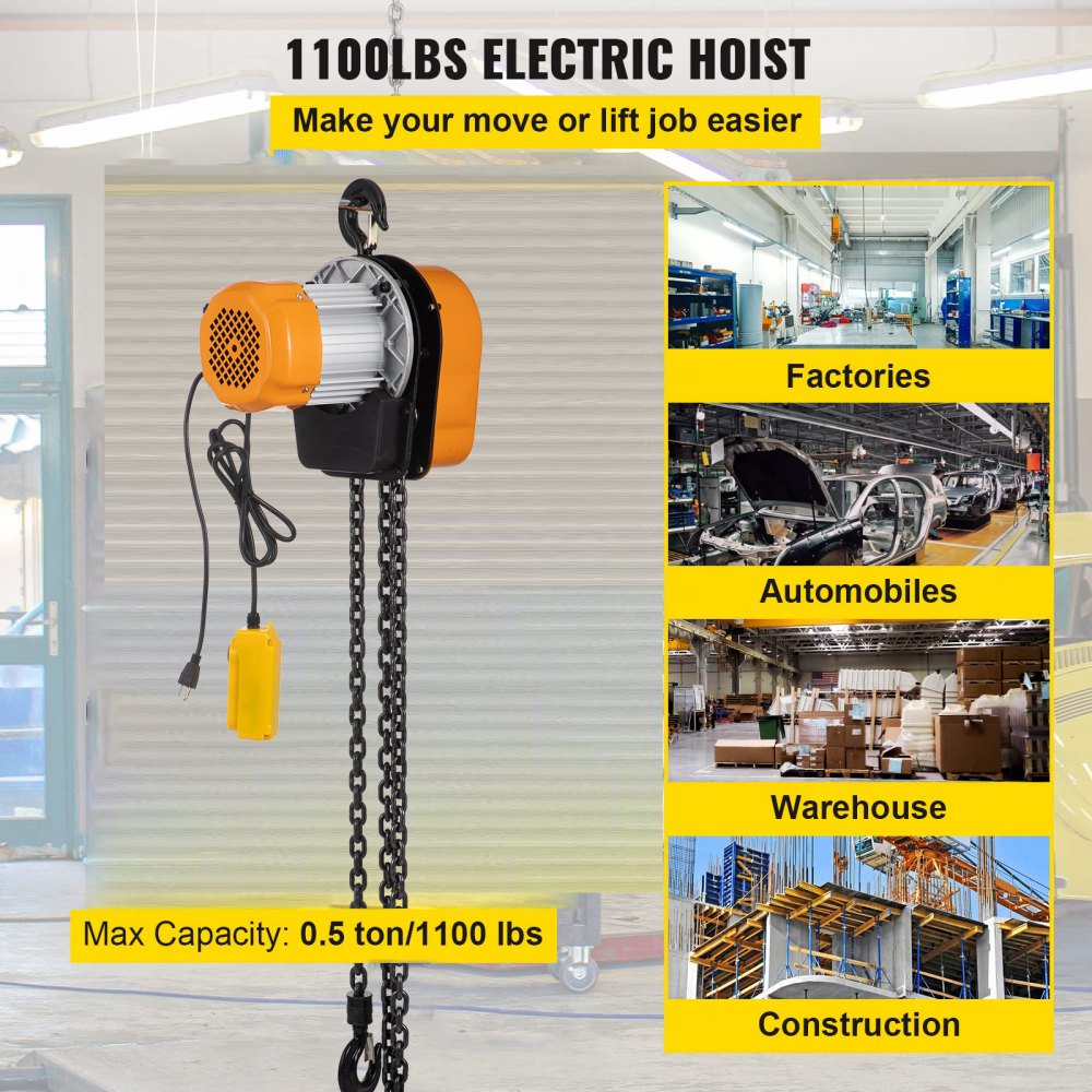 VEVOR Electric Chain Hoist, 1100lbs Winch with 10FT Wired Remote Control, 110V Overhead Crane Garage Ceiling Pulley, 1300W Lifting Power System with Emergency Stop Switch, 15 Feet Max. Pulling Height