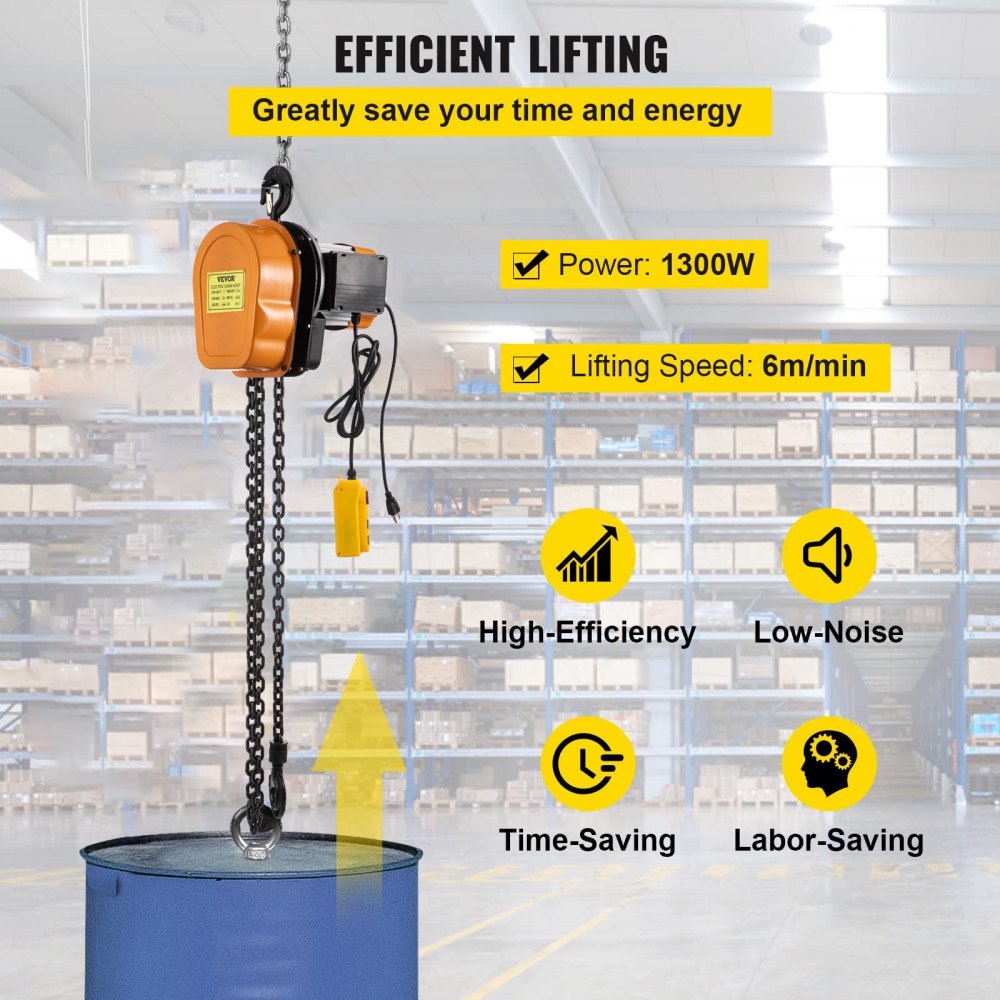 VEVOR Electric Chain Hoist, 1100lbs Winch with 10FT Wired Remote Control, 110V Overhead Crane Garage Ceiling Pulley, 1300W Lifting Power System with Emergency Stop Switch, 15 Feet Max. Pulling Height
