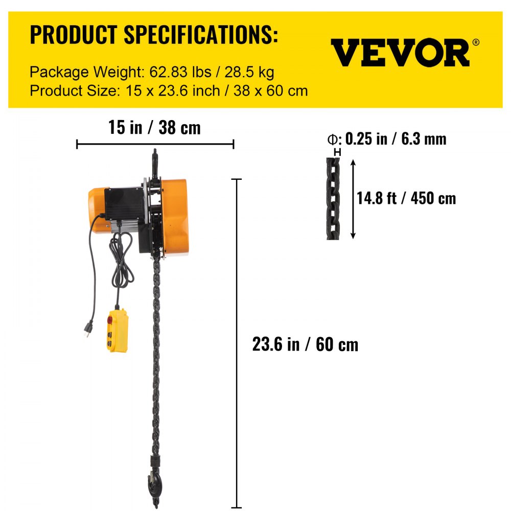 VEVOR Electric Chain Hoist, 1100lbs Winch with 10FT Wired Remote Control, 110V Overhead Crane Garage Ceiling Pulley, 1300W Lifting Power System with Emergency Stop Switch, 15 Feet Max. Pulling Height