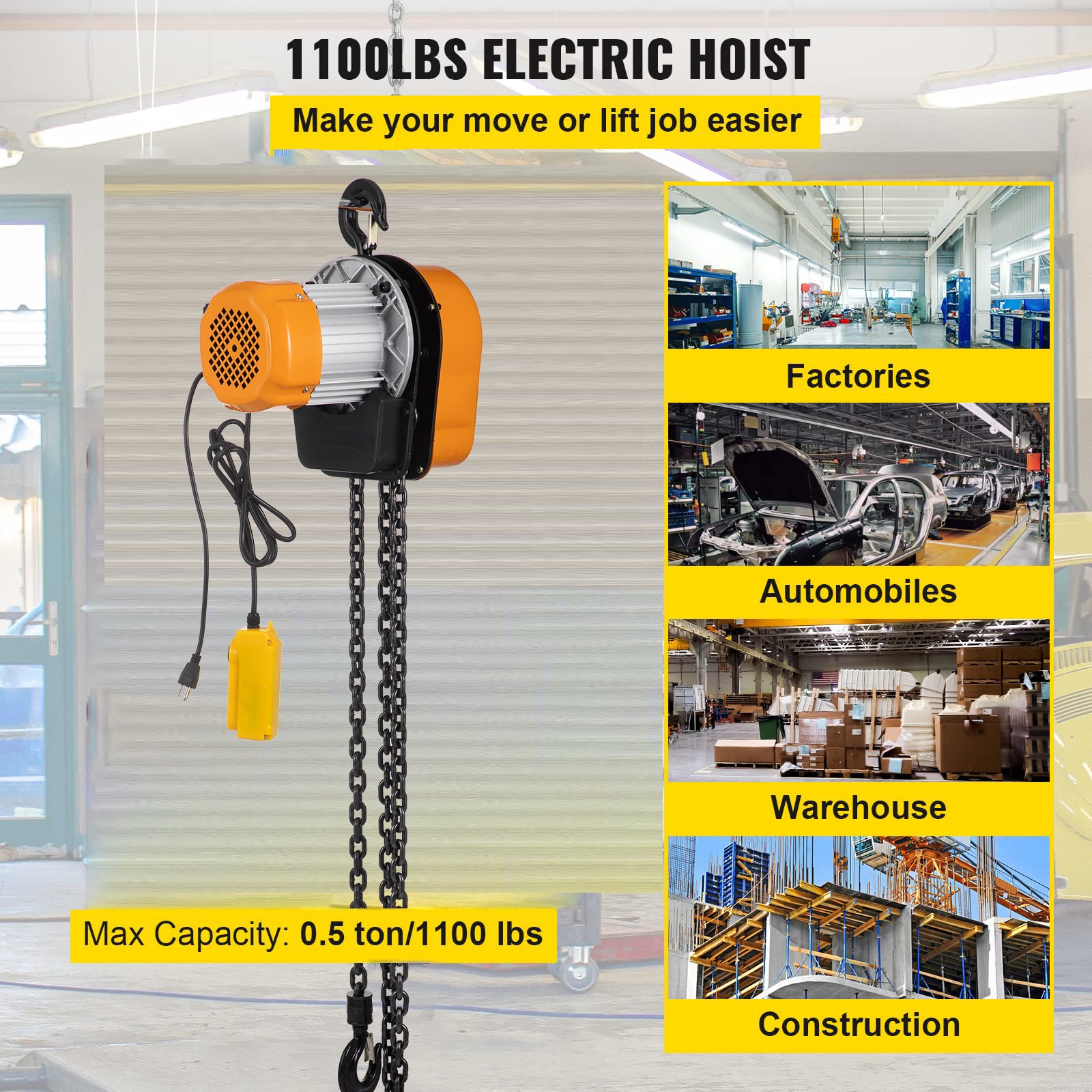 VEVOR Electric Chain Hoist, 1100lbs Winch with 10FT Wired Remote Control, 110V Overhead Crane Garage Ceiling Pulley, 1300W Lifting Power System with Emergency Stop Switch, 15 Feet Max. Pulling Height