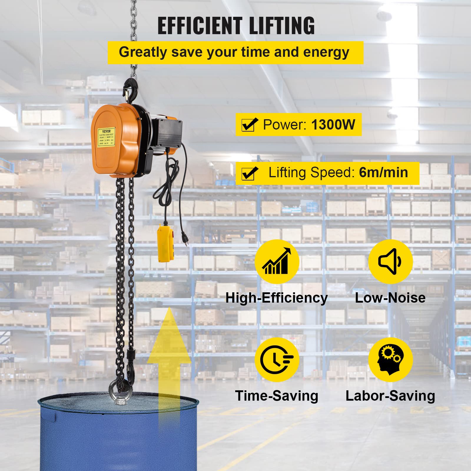 VEVOR Electric Chain Hoist, 1100lbs Winch with 10FT Wired Remote Control, 110V Overhead Crane Garage Ceiling Pulley, 1300W Lifting Power System with Emergency Stop Switch, 15 Feet Max. Pulling Height