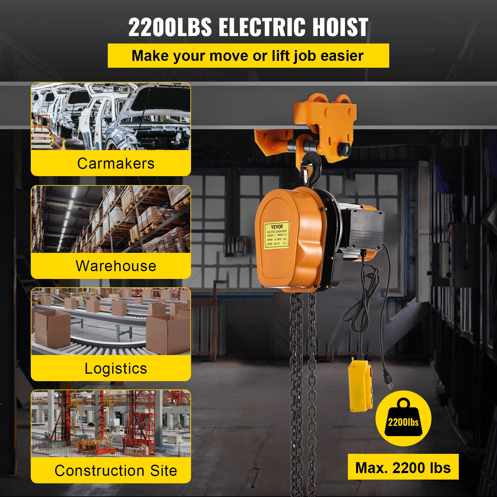 VEVOR Electric Chain Hoist, 2200lbs Winch with 3 m Wired Remote Control, 110V Overhead Crane Garage Ceiling Pulley, 1300W Lifting Power System with Emergency Stop Switch, 10 Feet Max. Pulling Height