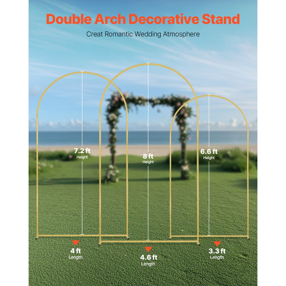 VEVOR Wedding Arch Backdrop Stand, Set of 3, Metal Stable Stand with Case Connection & Chassis Crossbar Design, Easy-to-Assemble Gold Stand with Premium Metal, Fit for Birthday, Celebration, Holiday
