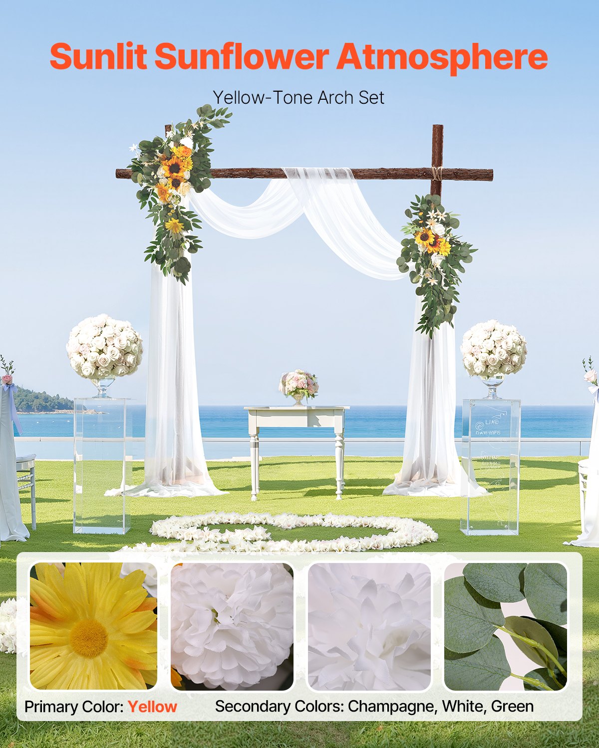 VEVOR Artificial Wedding Arch Flowers Kit, Yellow Wedding Arch Flowers with Drapes Kit (Pack of 3) - 2 Pcs Floral Arrangement, 1 Pcs Sheer Drapes, for Ceremony Bouquets Reception Backdrop Decoration