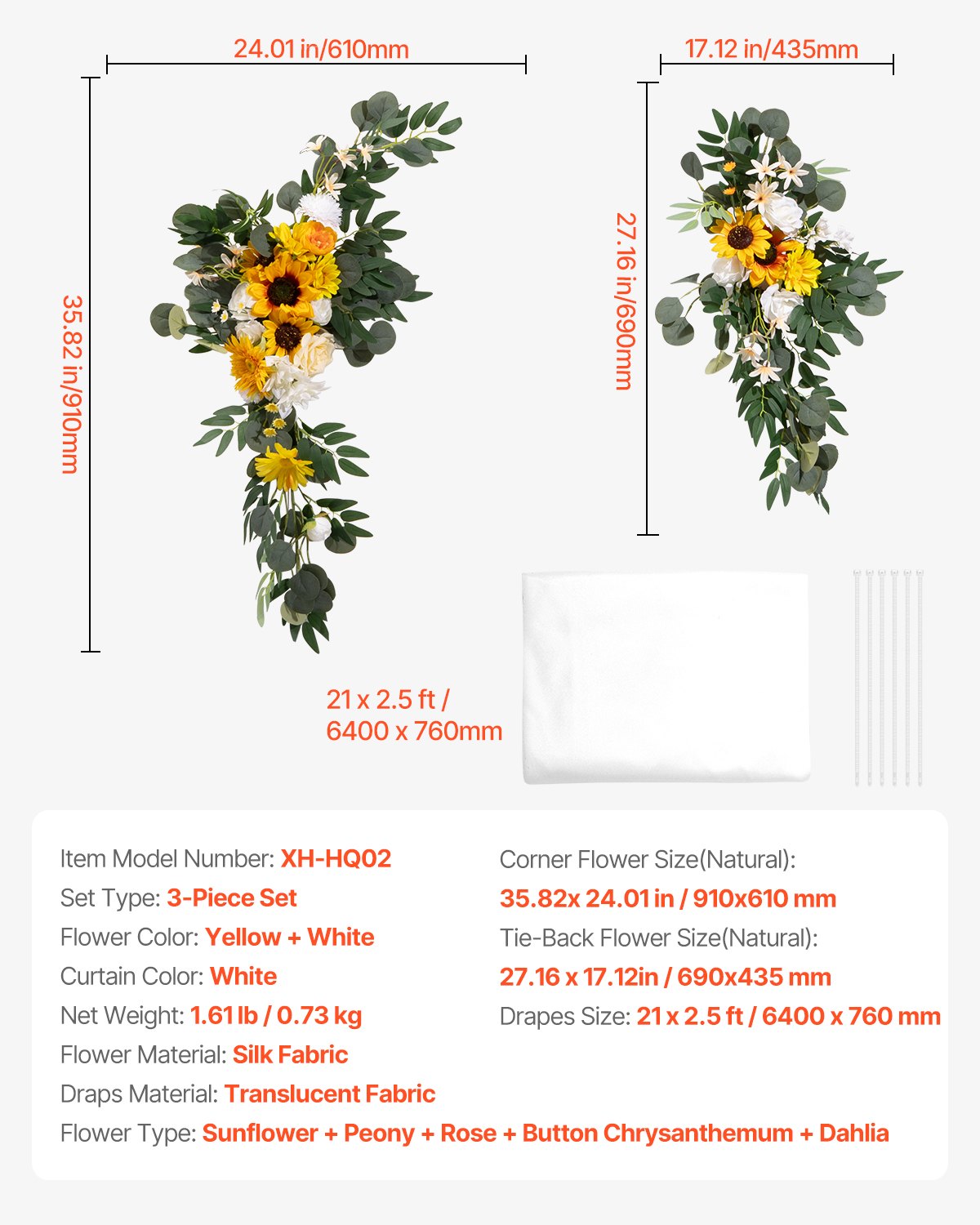 VEVOR Artificial Wedding Arch Flowers Kit, Yellow Wedding Arch Flowers with Drapes Kit (Pack of 3) - 2 Pcs Floral Arrangement, 1 Pcs Sheer Drapes, for Ceremony Bouquets Reception Backdrop Decoration