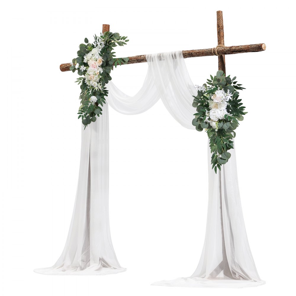VEVOR Artificial Wedding Arch Flowers Kit, White Wedding Arch Flowers with Drapes Kit (Pack of 4) - 2 Pcs Floral Arrangement, 2 Pcs Sheer Drapes, for Ceremony Bouquets Reception Backdrop Decoration