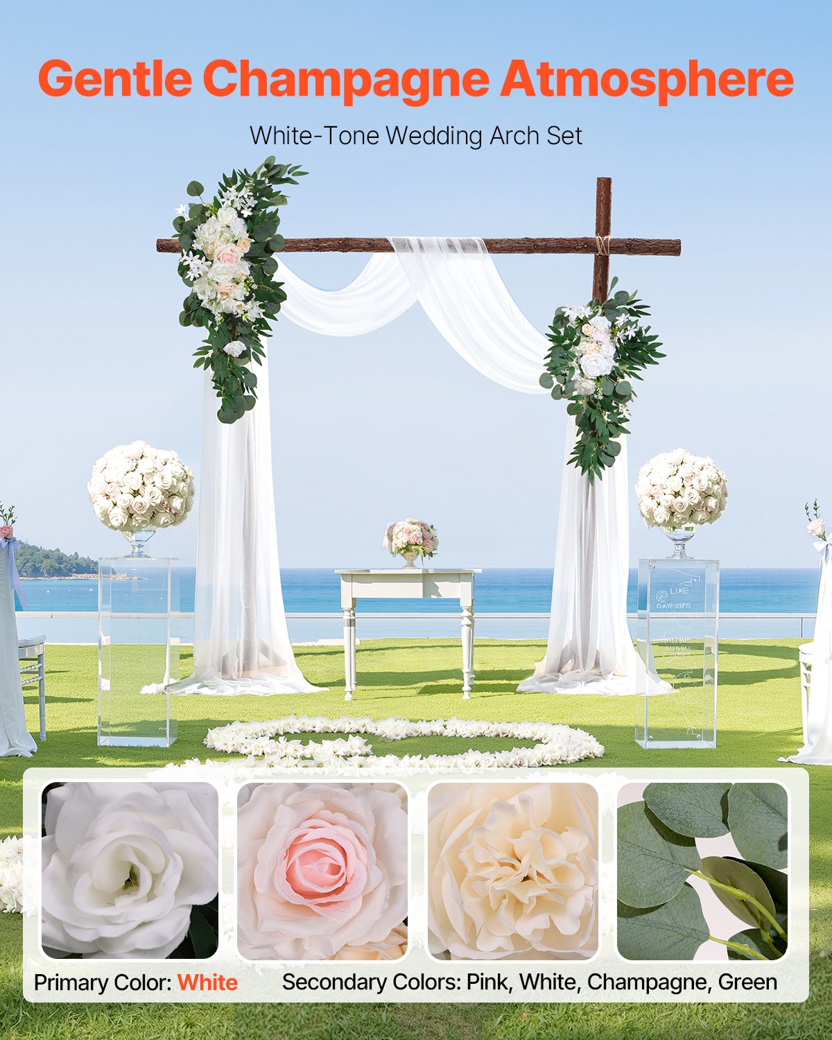 VEVOR Artificial Wedding Arch Flowers Kit, White Wedding Arch Flowers with Drapes Kit (Pack of 4) - 2 Pcs Floral Arrangement, 2 Pcs Sheer Drapes, for Ceremony Bouquets Reception Backdrop Decoration