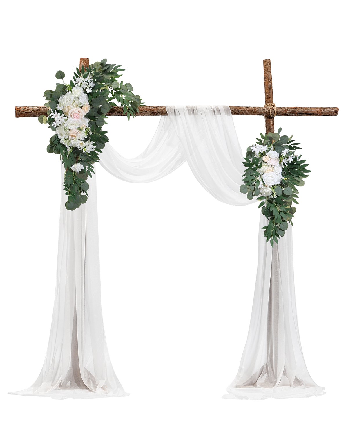 VEVOR Artificial Wedding Arch Flowers Kit, White Wedding Arch Flowers with Drapes Kit (Pack of 4) - 2 Pcs Floral Arrangement, 2 Pcs Sheer Drapes, for Ceremony Bouquets Reception Backdrop Decoration