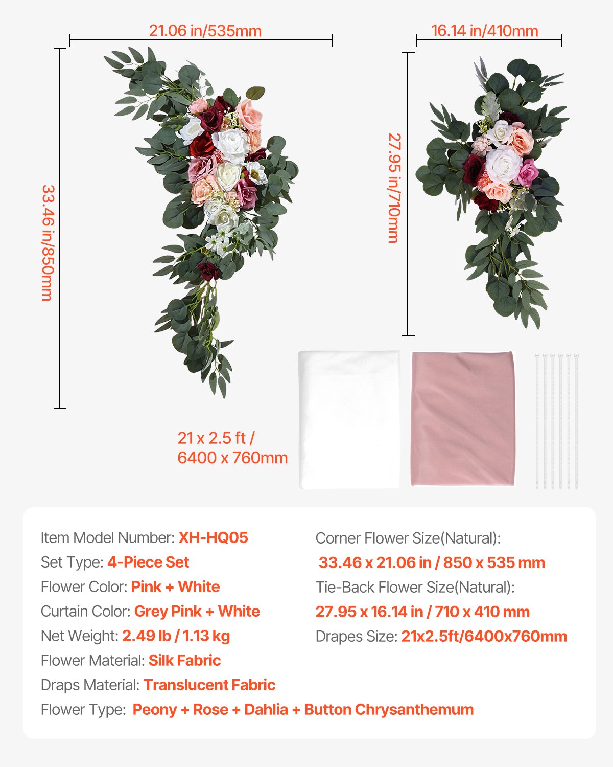 VEVOR Artificial Wedding Arch Flowers Kit, Pink Wedding Arch Flowers with Drapes Kit (Pack of 4) - 2 Pcs Floral Arrangement, 2 Pcs Sheer Drapes, for Ceremony Bouquets Reception Backdrop Decoration