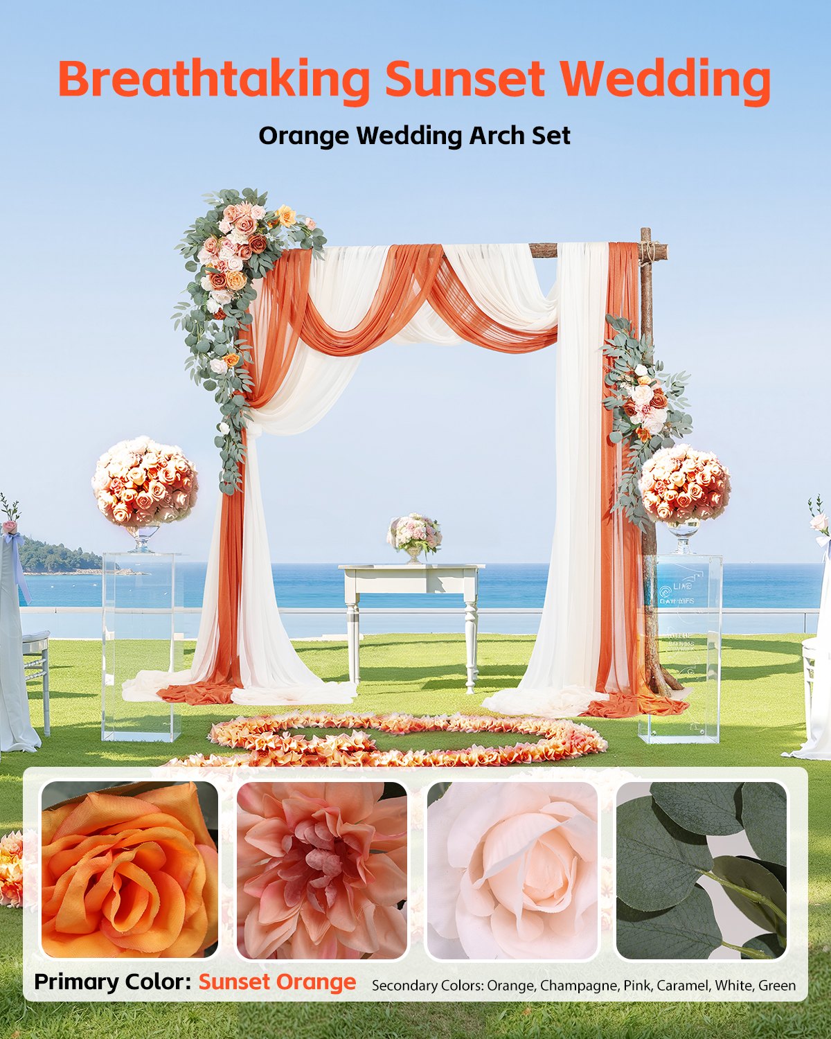 VEVOR Artificial Wedding Arch Flowers Kit, Orange Wedding Arch Flowers with Drapes Kit (Pack of 5) - 2 Pcs Floral Arrangement, 3 Pcs Sheer Drapes, for Ceremony Bouquets Reception Backdrop Decoration