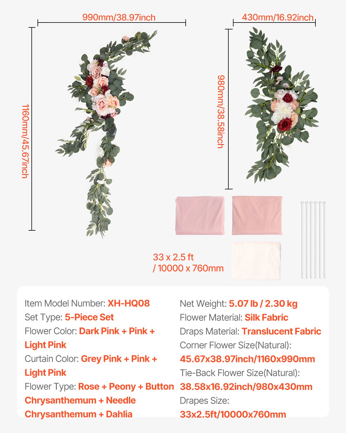 VEVOR Artificial Wedding Arch Flowers Kit, Pink Wedding Arch Flowers with Drapes Kit (Pack of 5) - 2 Pcs Floral Arrangement, 3 Pcs Sheer Drapes, for Ceremony Bouquets Reception Backdrop Decoration