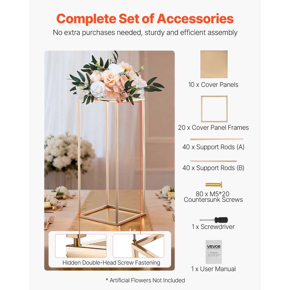 VEVOR Wedding Flower Stand, 10PCS 60cm Column Flower Stand, Floral Stands with Metal Laminate, Rectangular Floral Display Rack for Wedding, Party, Birthday, Home, French Gold Centerpiece Stands