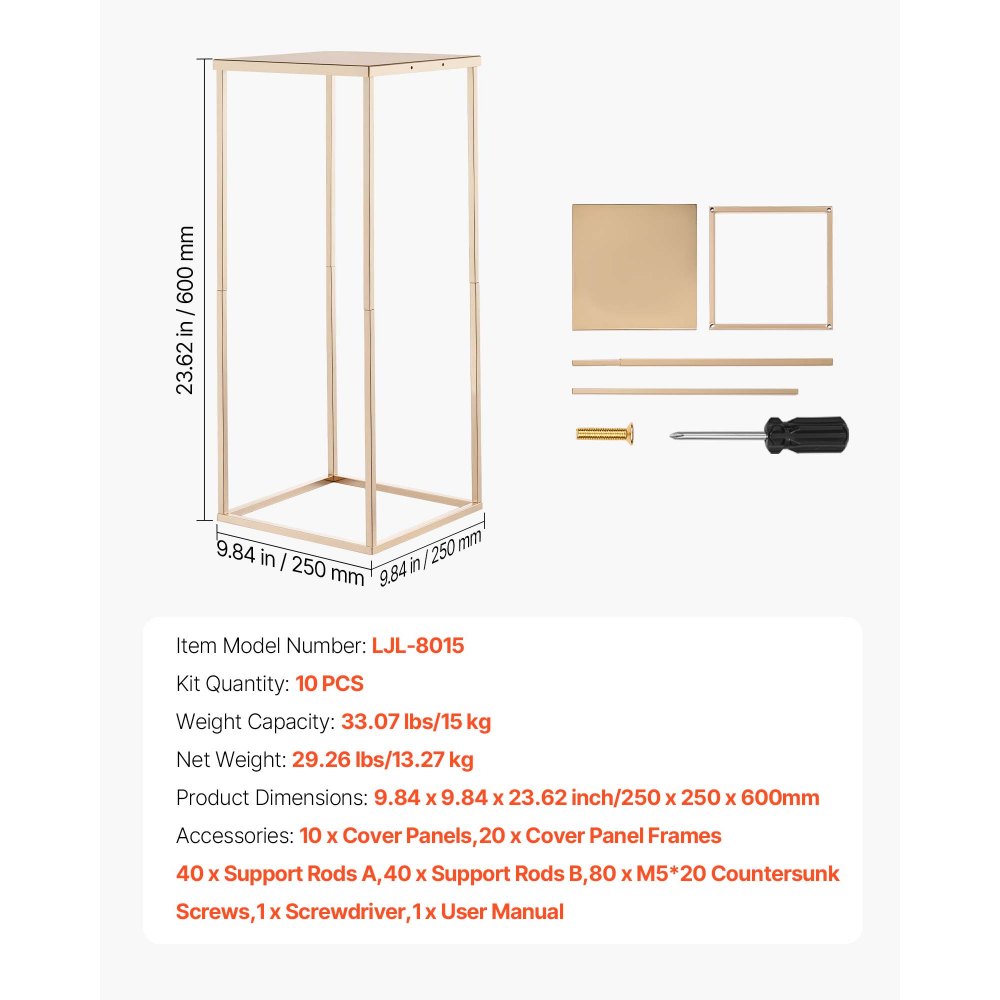 VEVOR Wedding Flower Stand, 10PCS 60cm Column Flower Stand, Floral Stands with Metal Laminate, Rectangular Floral Display Rack for Wedding, Party, Birthday, Home, French Gold Centerpiece Stands